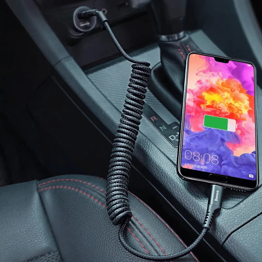 Cabo USB Tipo-C Retrátil 2A – Carregamento Rápido e Organizado no Carro